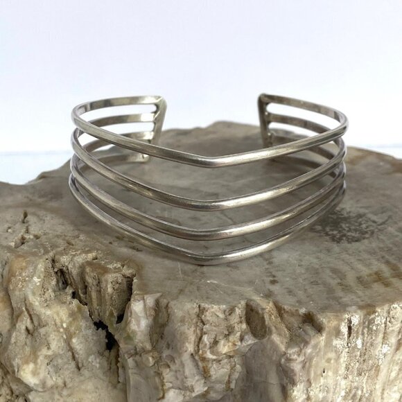 Sterling Silver 925 Modernist 22MM Wide Multi Row 4 Band V Cuff Bracelet Sz 7.5" - Picture 12 of 16